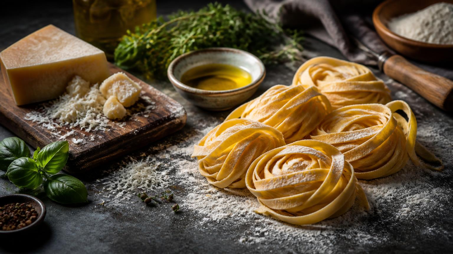 Fresh Italian pasta, parmesan and herbs on a dark stone counter