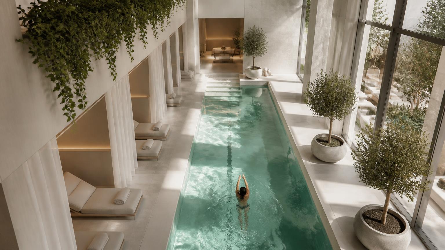 Calm Italian wellness spa with a lap pool and olive trees