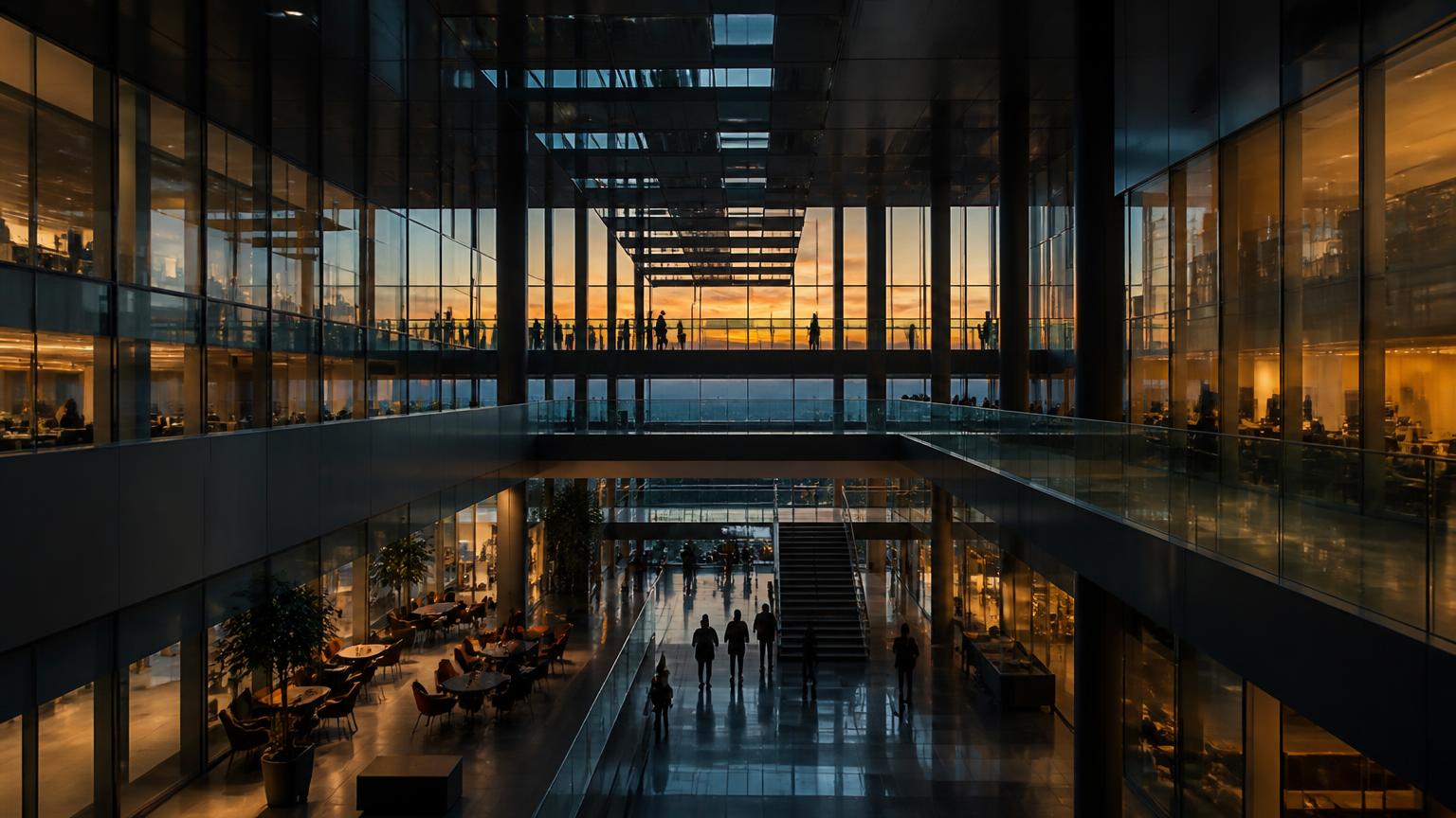 Modern European technology campus atrium at dusk