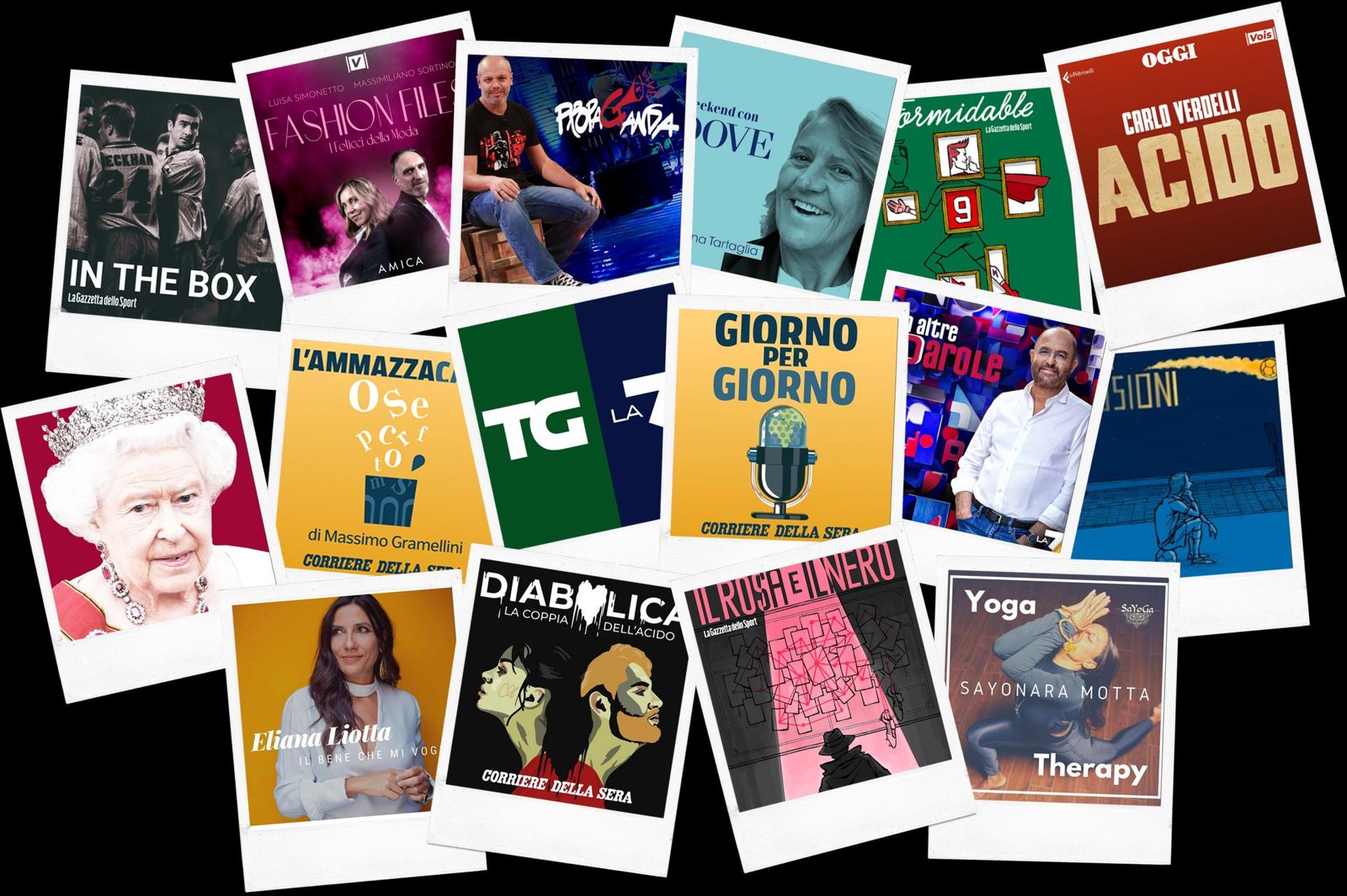 Collage of Italian television and podcast programmes