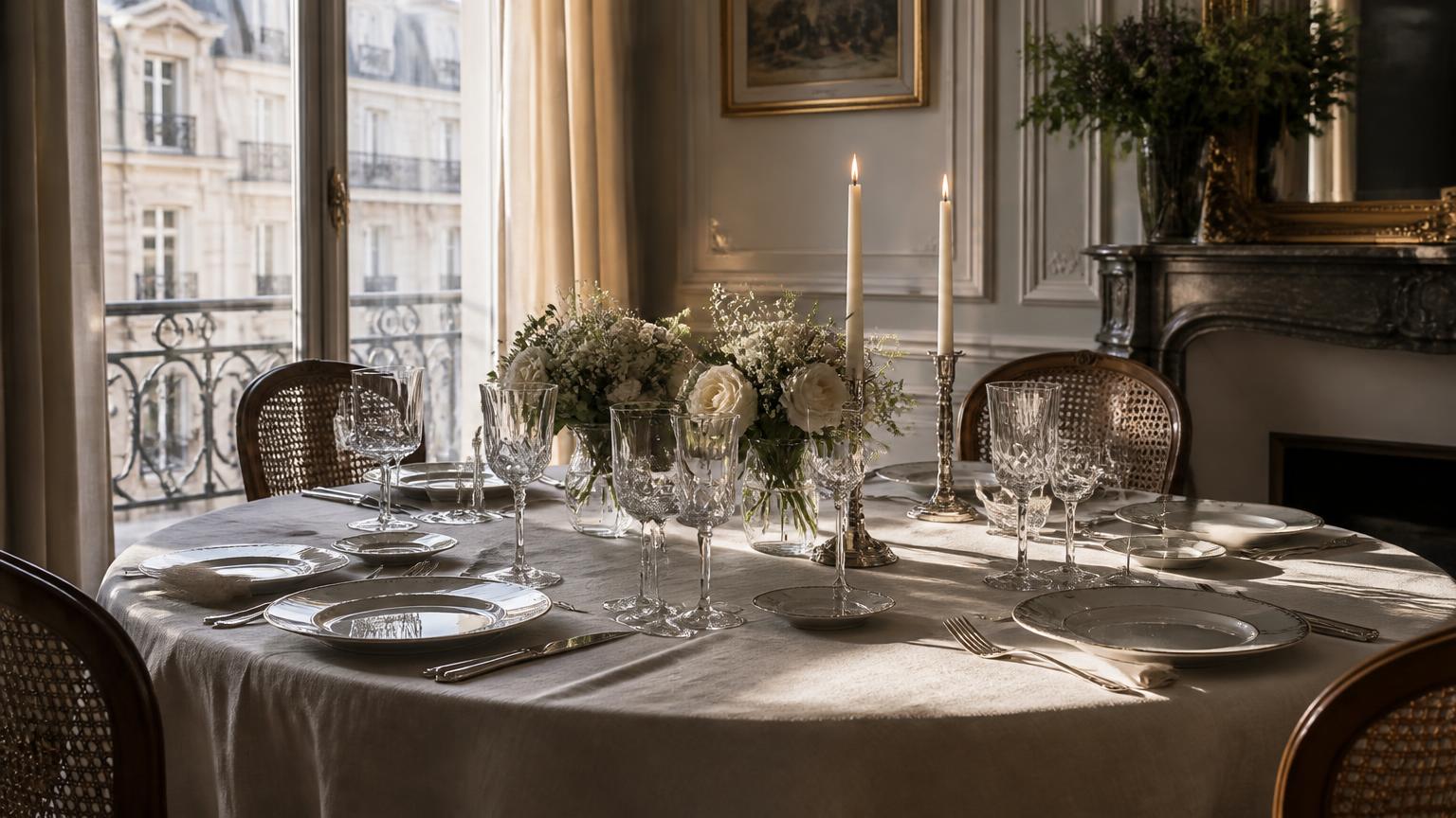 Parisian dining table set with crystal and silver in a haussmannian salon