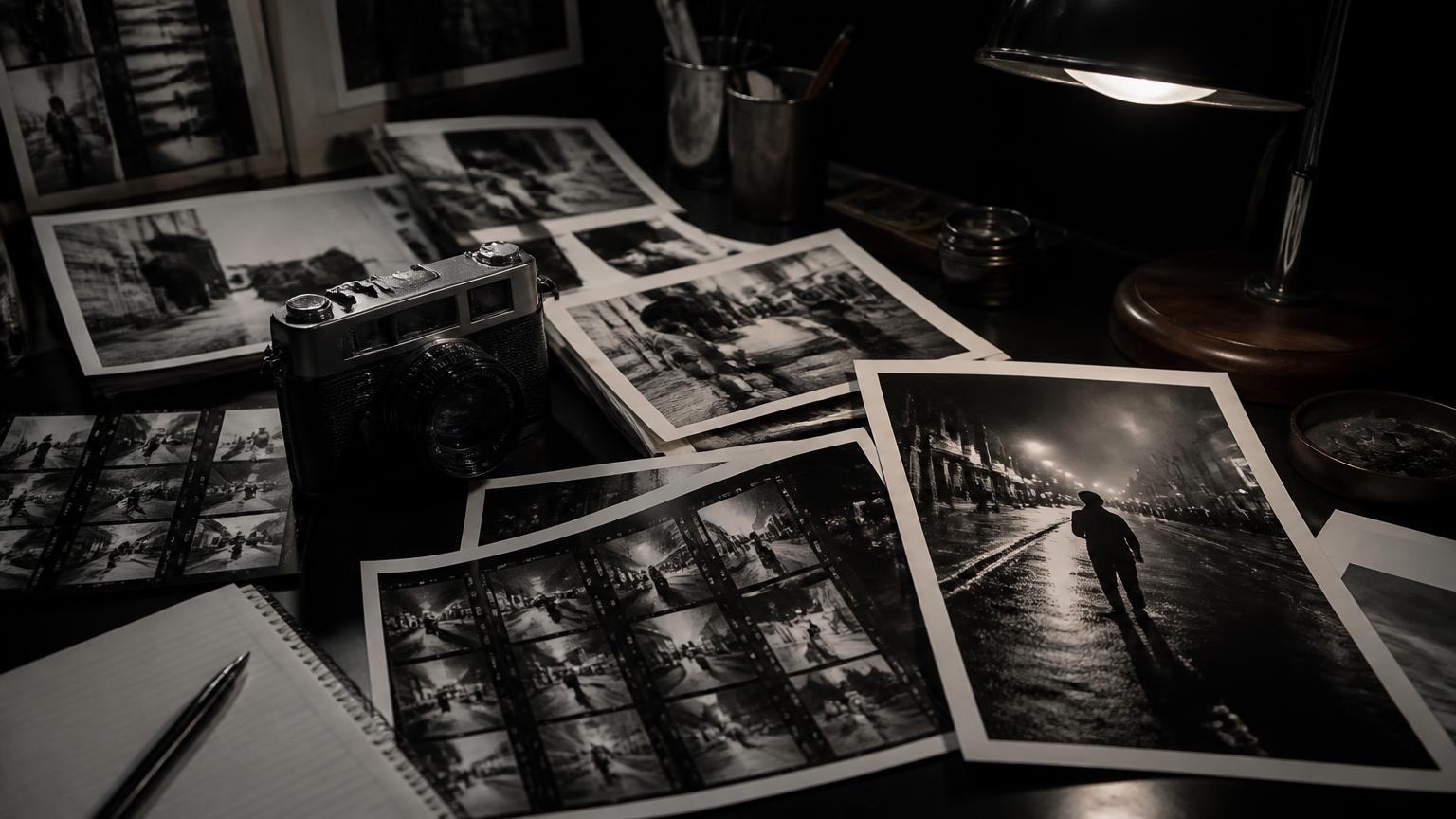 Documentary contact sheets, prints and a rangefinder camera on a dark desk