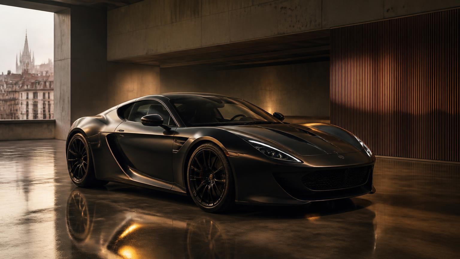 Dark sports car in a concrete Milanese garage