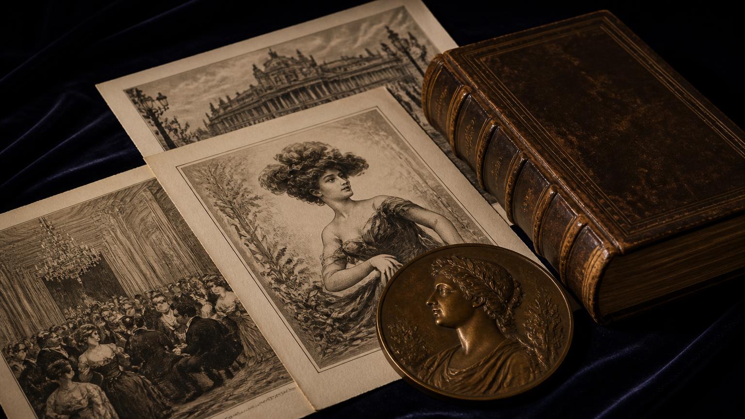 Antique French engravings, a leather-bound volume and a bronze medallion