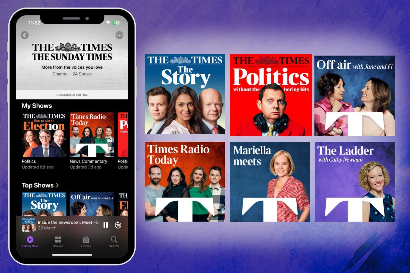 The Times app on a smartphone showing shows and podcasts