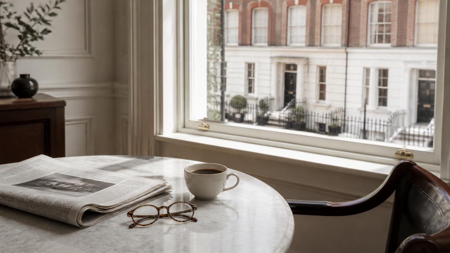 Sunday newspaper, coffee and reading glasses in a London townhouse