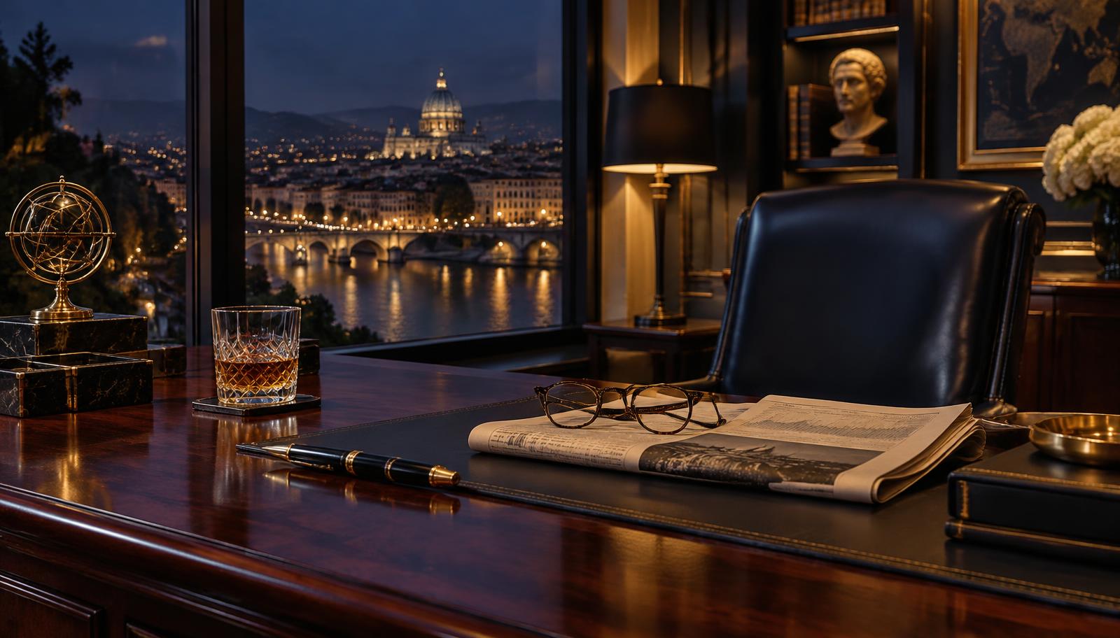 A sophisticated reading room featuring copies of Le Figaro, The Times, and Corriere della Sera, representing premium European financial media.