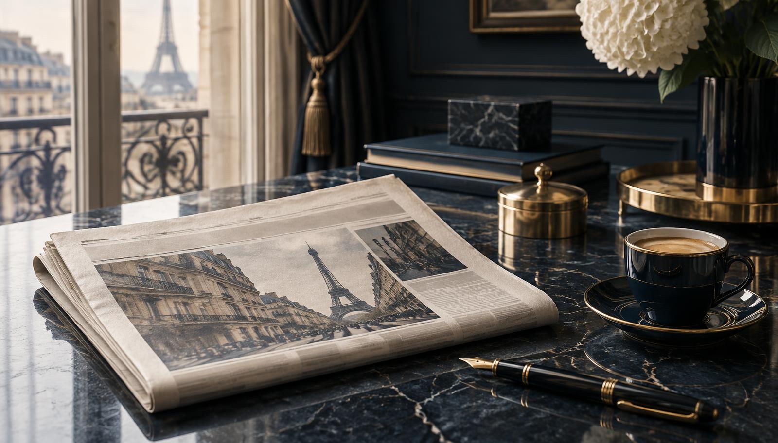 A pristine copy of Le Figaro resting on a polished mahogany desk.