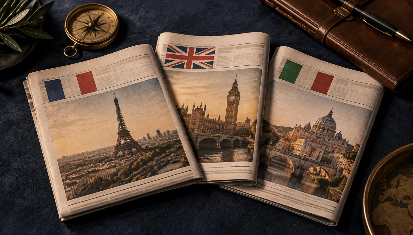 A sophisticated business desk showing international publications Le Figaro, The Times, and Corriere della Sera alongside media planning documents.