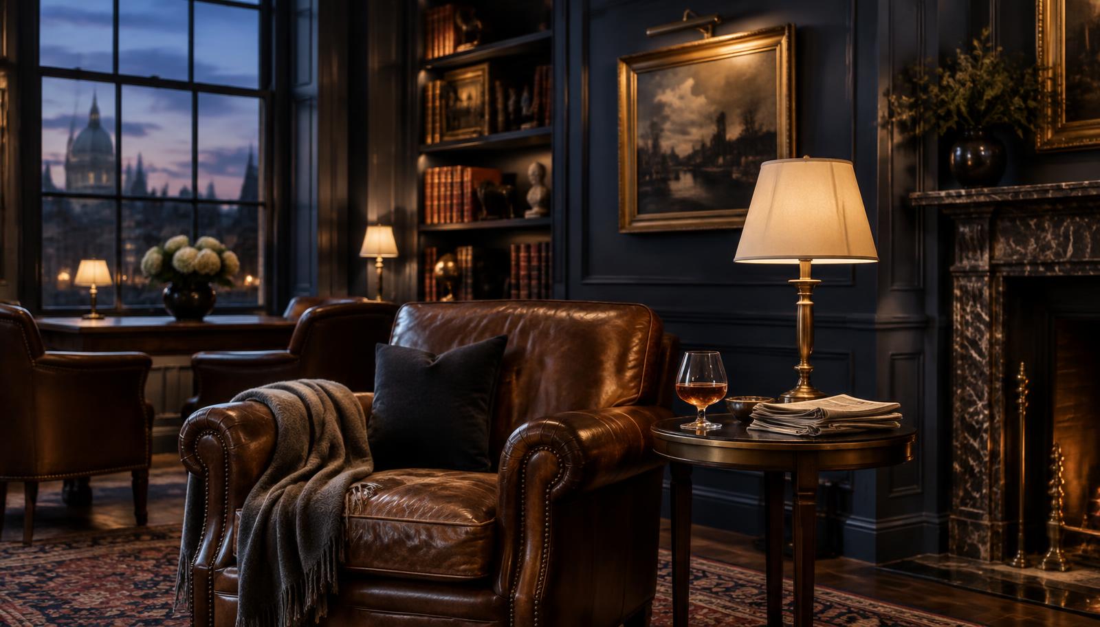 A sophisticated reading room featuring leading European newspapers on a dark wood table.